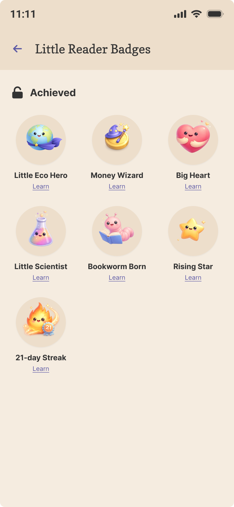 The Little Reader Badges screen with seven achieved badges.