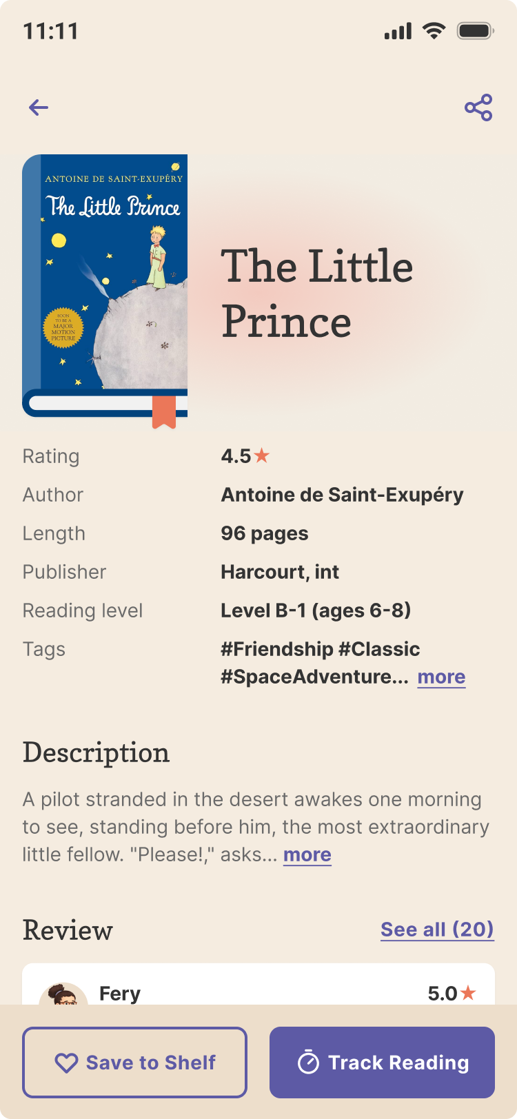 The book page for The Little Prince with its rating, details and reviews.