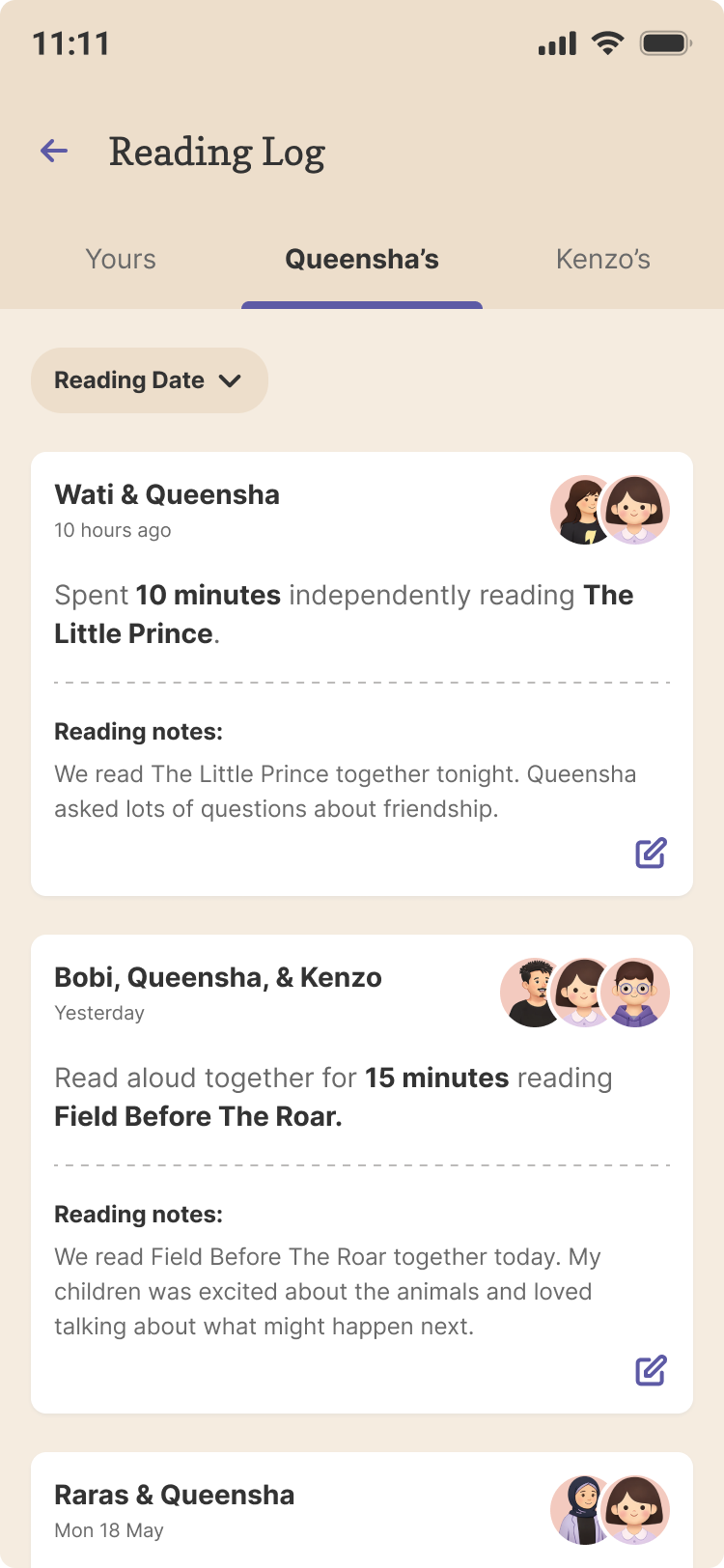 The Reading Log screen with notes from two reading sessions.